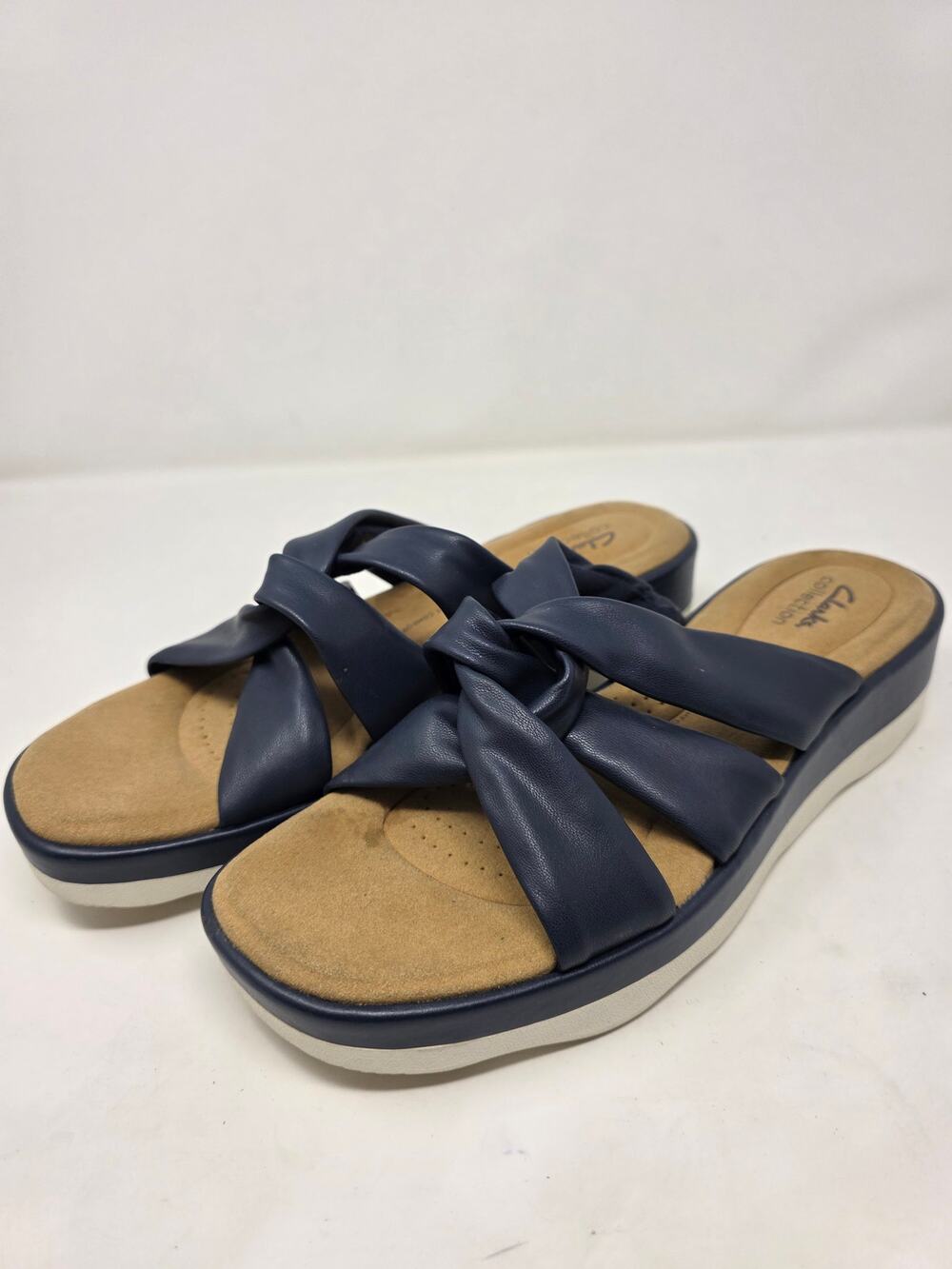 Clarks Clara Charm Sandals 12 M Navy Blue Ortholite Comfort Stretch Slide Flat